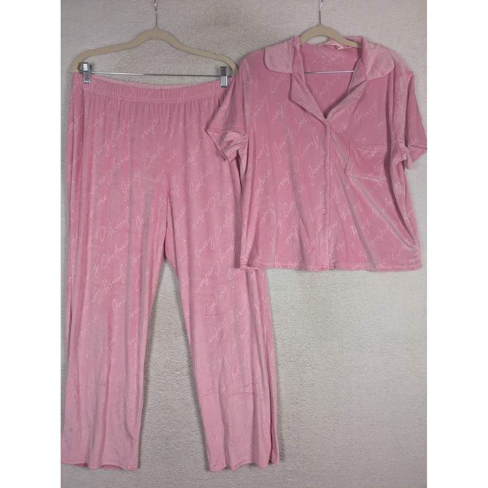 Juicy Couture Pajama Set Women's XL Pink Embossed Logo Velour Button Up